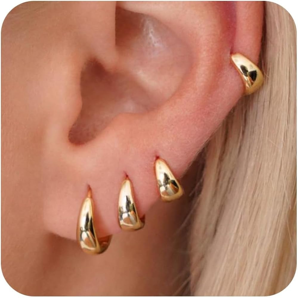 Small Chunky Gold Huggie Hoop Earrings Set for Women, Dainty 14K Gold Huggie Earrings for Mulpitl... | Amazon (US)