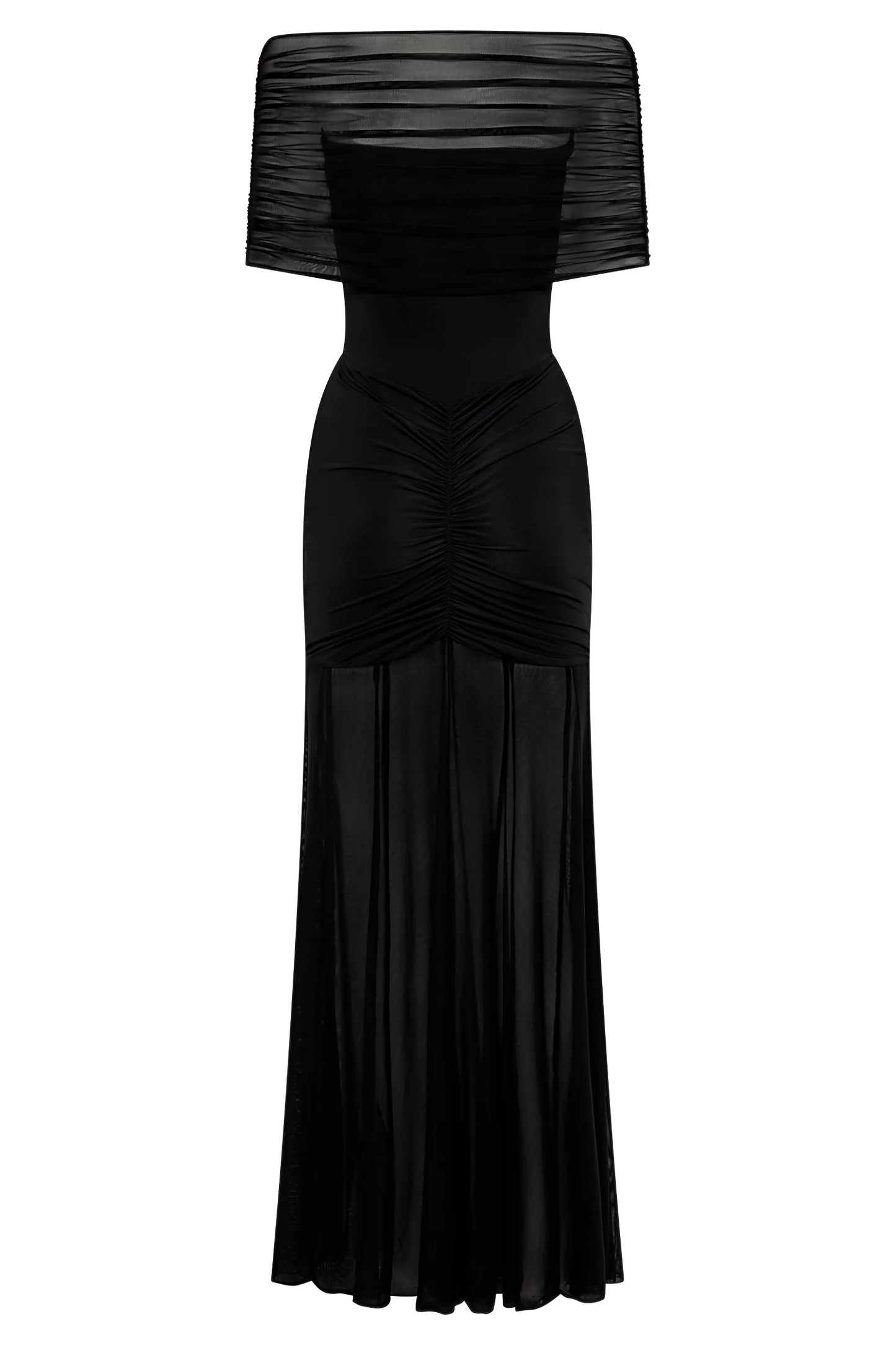 Caspian Slinky And Mesh Off Shoulder Maxi Dress - Black | MESHKI US