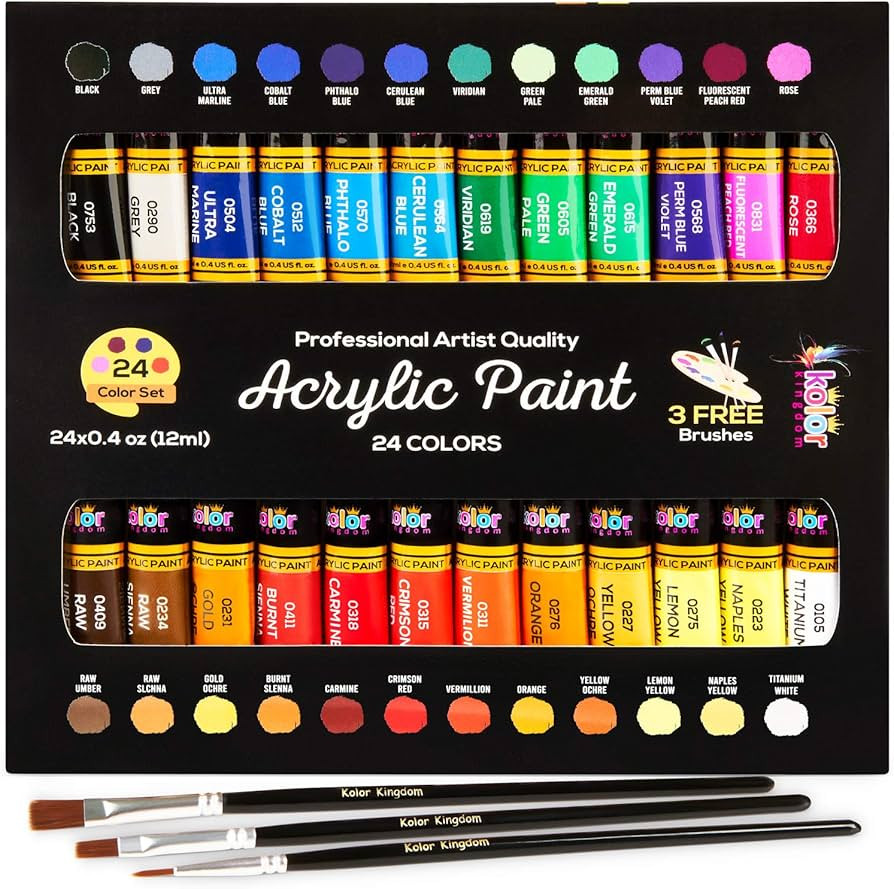 Acrylic Paint Set Canvas Art Paints 24 Colors Perfect Paint Finish (0.41oz,12 ml) With 3 Brushes ... | Amazon (US)
