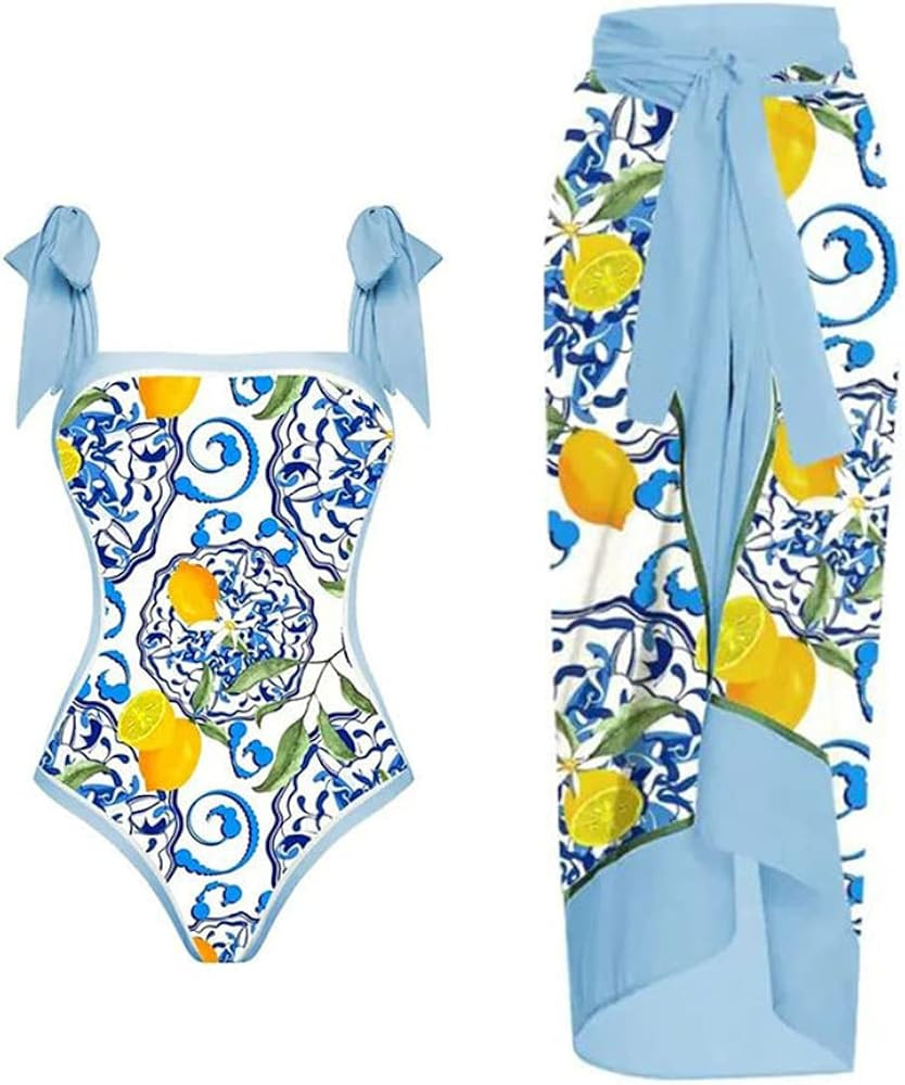 Women Swimsuits Abstract Printing Notched Square/V Neck Floral Vacation One Piece With Cover Up | Amazon (US)