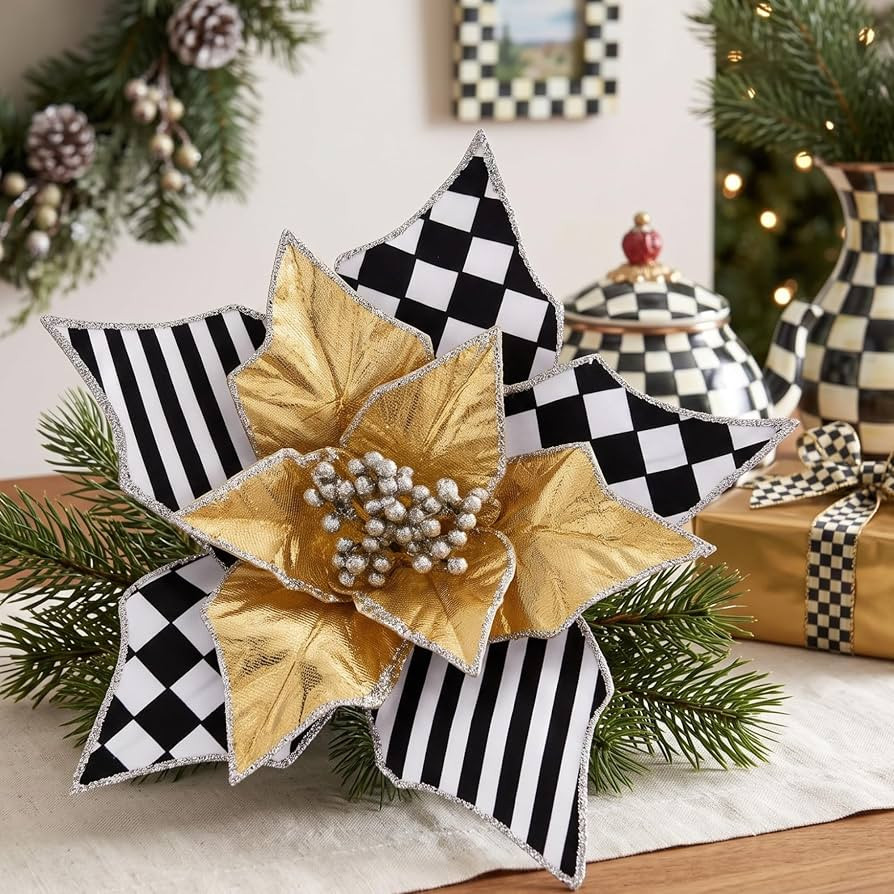 XunYee 12 Pieces Christmas Poinsettia Flower Picks 7.87 Inch Buffalo Plaid Checkered Black White ... | Amazon (US)