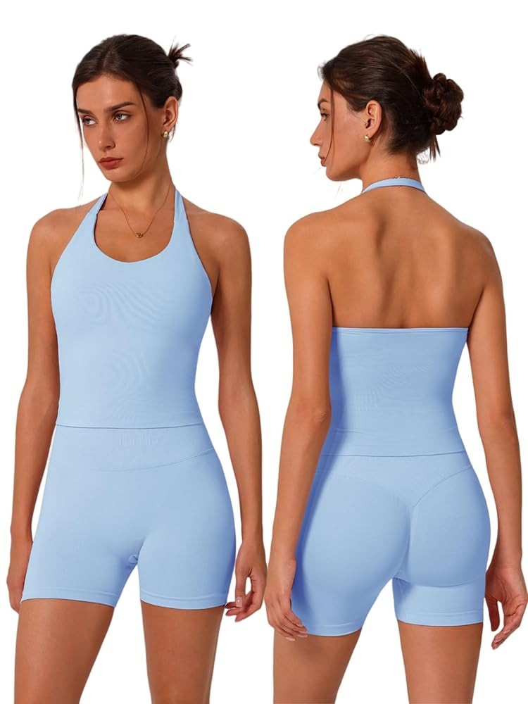 ABOCIW Workout Sets for Women 2 Piece seamless Halter Sports Bra Scrunch Butt Impact Shorts Gym Y... | Amazon (US)