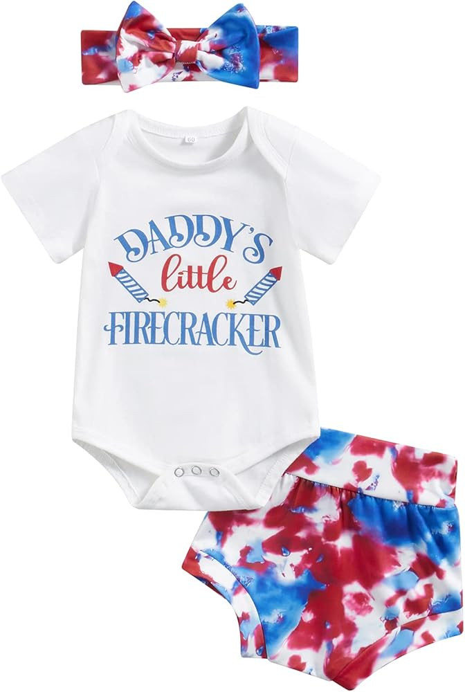 FYBITBO 4th of July Baby Girl Clothes Newborn Outfits Daddys Little Firecracker Romper Onesie Tie... | Amazon (US)