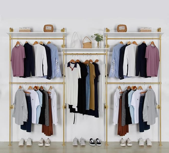 EDCB Industrial Pipe Clothing Rack Wall Mounted 5 Hanging Rods Garment Bar with Storage Shelf, He... | Amazon (US)