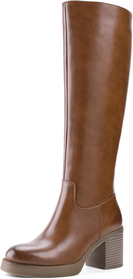 Shoe'N Tale Platform Knee High Boots for Women Block Chunky Heel Round Toe Side Zipper Tall Boots | Amazon (US)