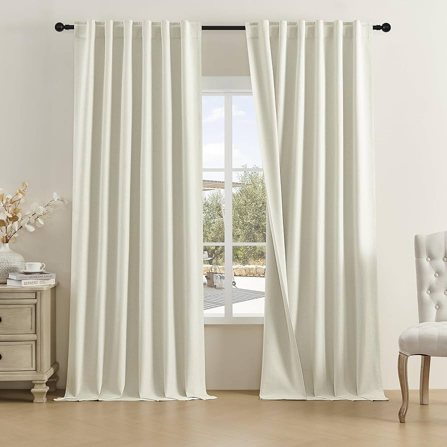 DUALIFE Cream Beige 120 Inch Long Curtains - Extra Long Blackout Linen Drapes for Large Windows T... | Amazon (US)