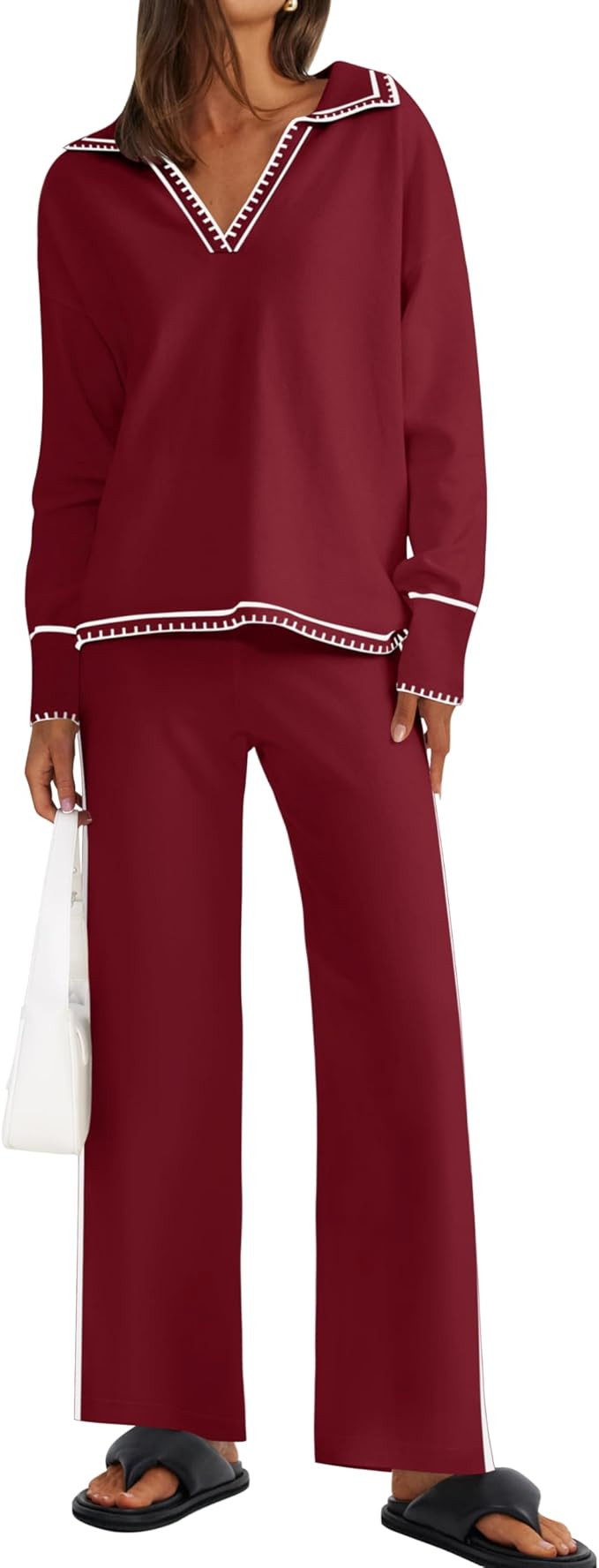 ZESICA Women's 2 Piece Fall Outfits Long Sleeve V Neck Knit Sweater Tops Wide Leg Pants Sweatsuit... | Amazon (US)