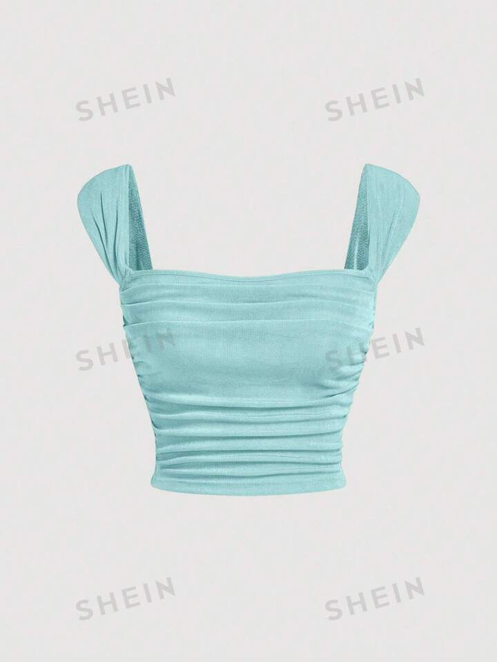 SHEIN MOD Solid Ruched Crop Wide Strap Top | SHEIN