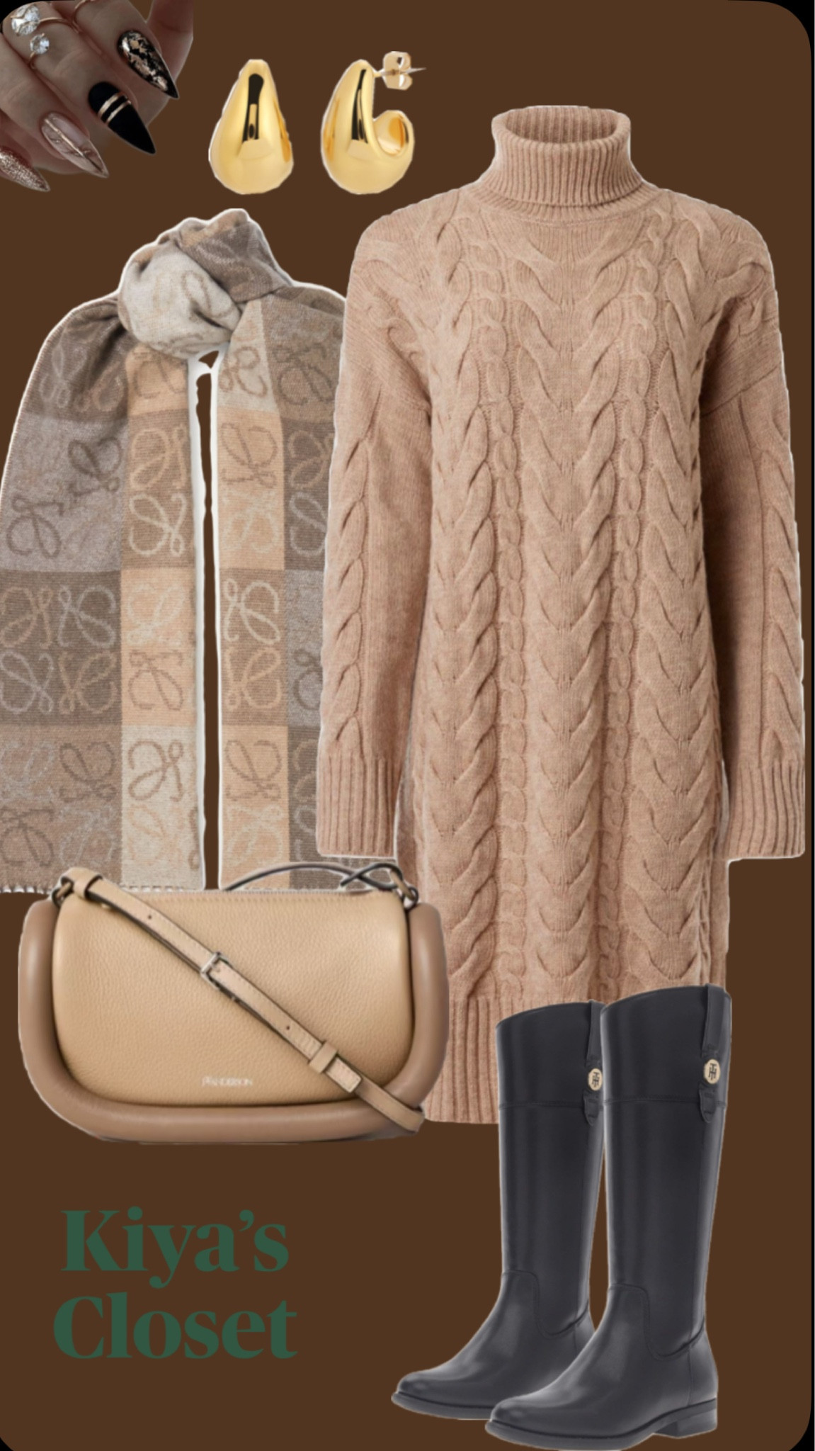 Layered to perfection! Covered and cute this winter! Style your wardrobe with this cable-knit sweater dress, iconic black riding boots, and a statement scarf. Accessorize with gold earrings and a structured neutral crossbody to complete this polished look. Shop the pieces now for an effortlessly chic winter fit! 🛍️ #LTKSeasonalStyle #SweaterWeather

#LTKSeasonal #LTKStyleTip #LTKWorkwear