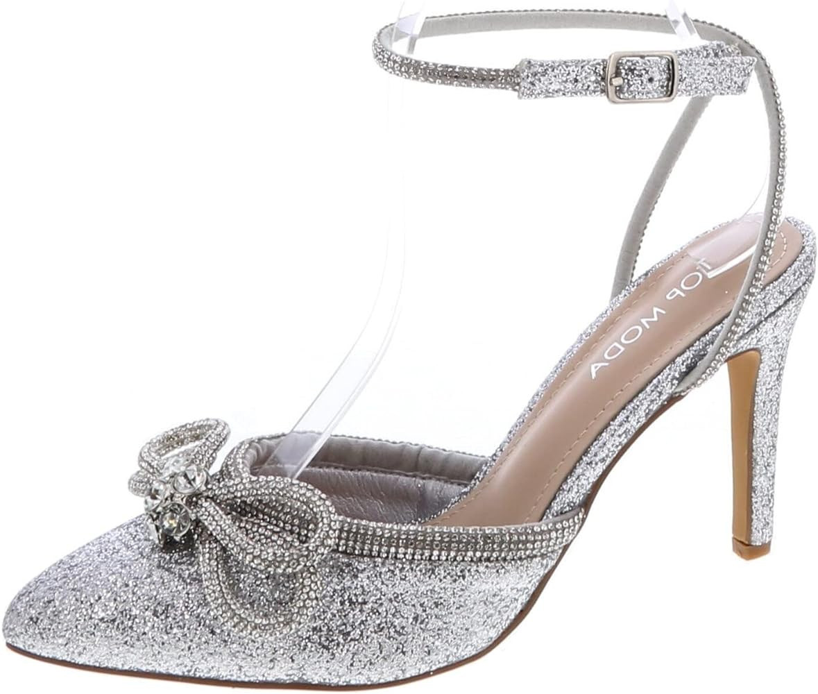 TOP Moda Women's High Heels Closed Toe Rhinestone Bow Ankle Strap Pumps Dress Shoes | Amazon (US)