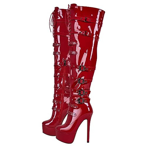 richealnini Women's Platform Heel Thigh High Boots Zip Up Over the Knee High Boots Front Lace Up Stiletto Heel Buckles Chains Rivets Ornamented Punk Motorcycle Club Outside Combat Boots Red Size 9.5 | Amazon (US)