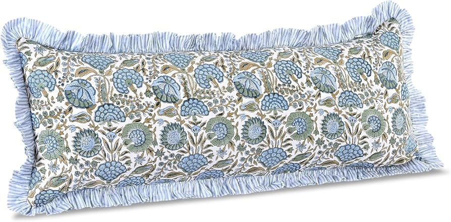 Ridhi Block Print Asparagus Green 36"x14" Set 1-100% Cotton Ruffle Lumbar Sham Cover Boho Floral ... | Amazon (US)