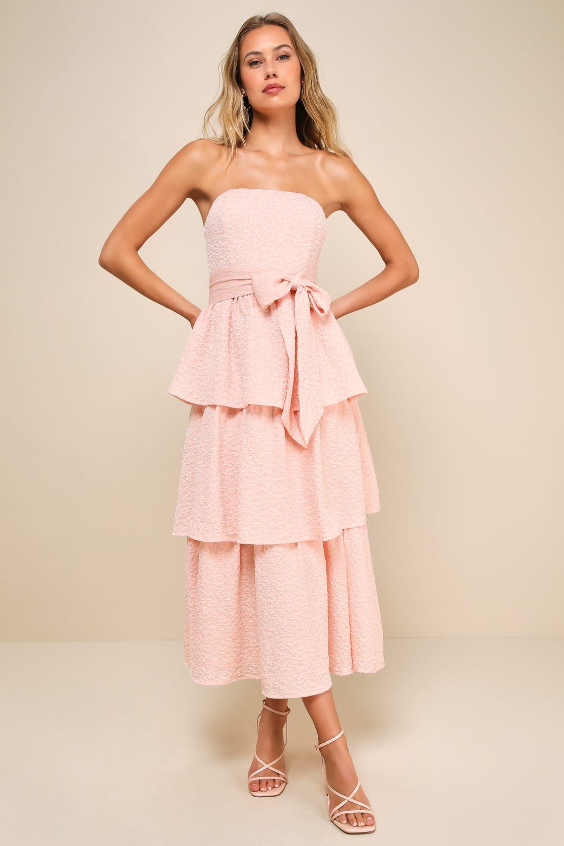 Truly Marvelous Blush Pink Jacquard Strapless Tiered Midi Dress | Lulus