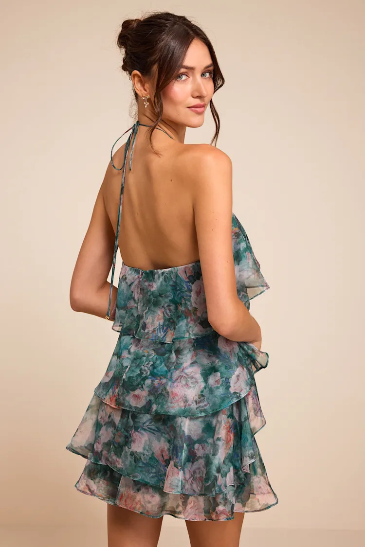 Melody Teal Multi Floral Tiered Halter Mini Dress | Lulus