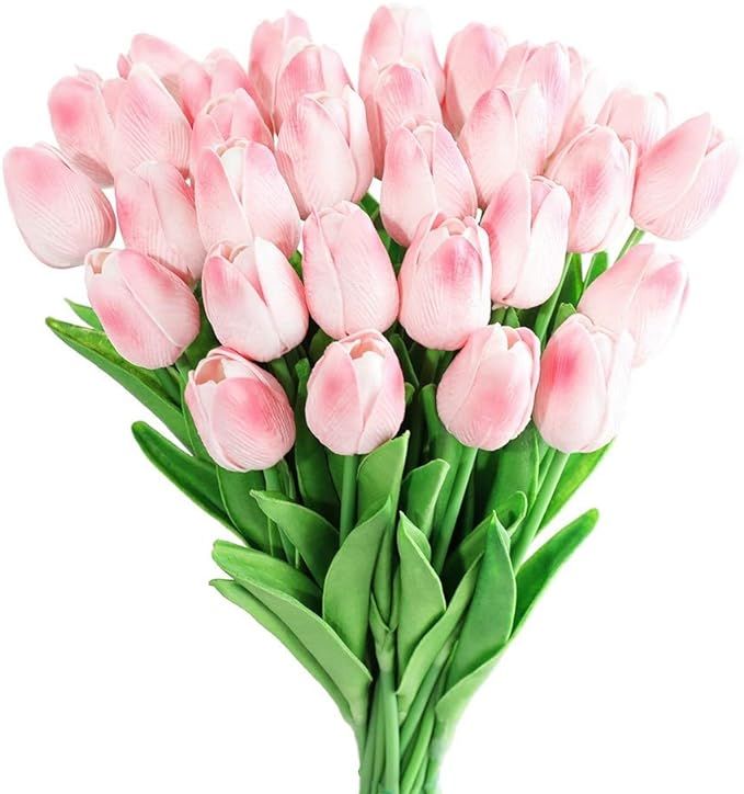 Kisflower 30Pcs Latex Tulips Real Touch Pink Artificial Flowers Fake Tulips Arrangement Bouquet f... | Amazon (US)
