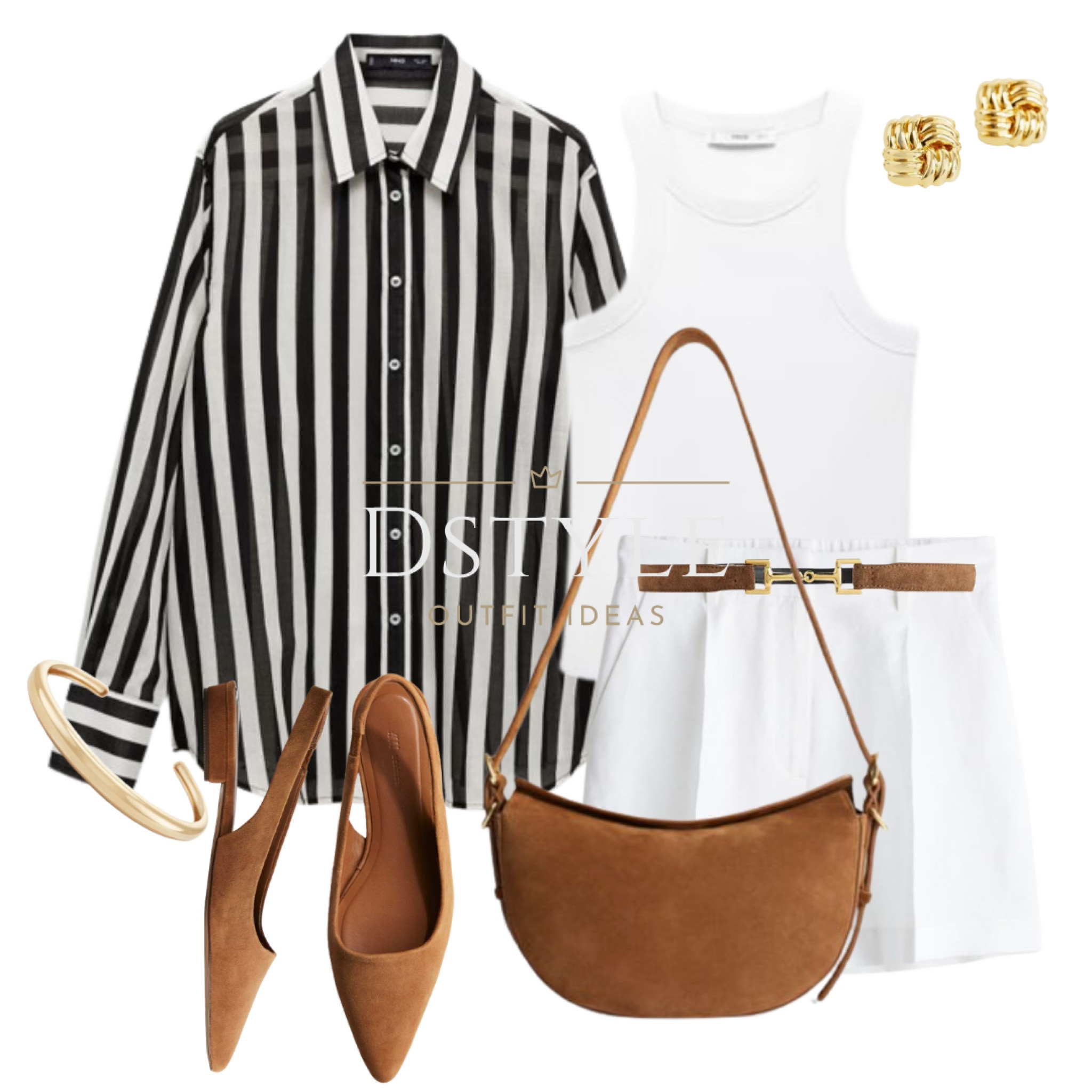Semi-transparent striped cotton shirt, white linen-blend shorts, white ribbed tank top, brown suede shoulder bag, matching slingbacks and belt

#LTKStyleTip #LTKSaleAlert #LTKFindsUnder50