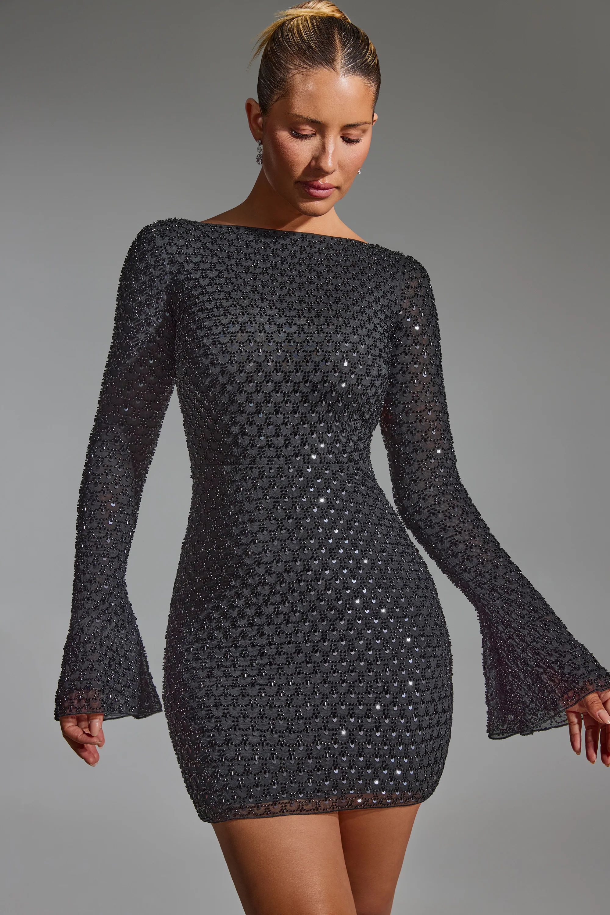Embellished Open-Back A-Line Mini Dress in Black | Oh Polly