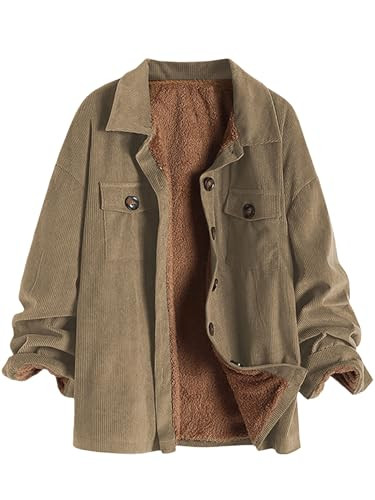 ZAFUL Women's Corduroy Loose Jacket Vintage Raglan Sleeve Casual Coat Lapel Button Down Windbreaker Green Khaki L | Amazon (US)