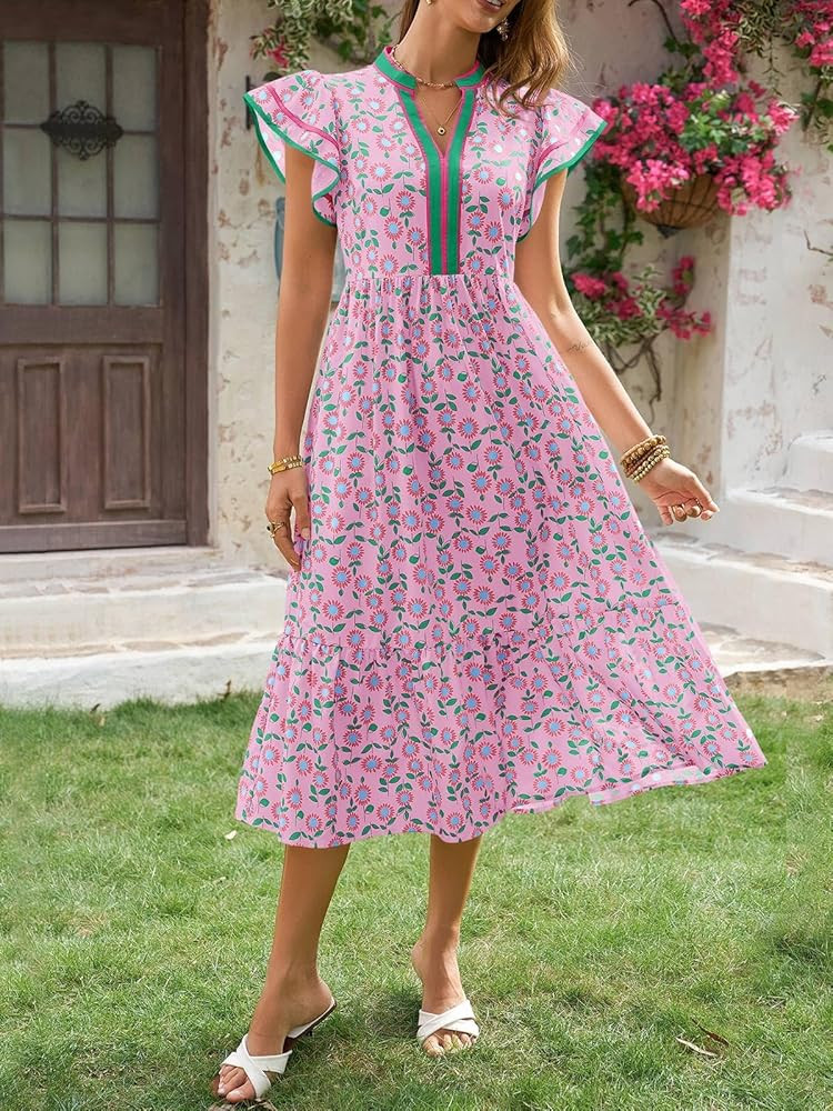 Wenrine Womens Summer Floral Midi Dresses Ruffle Cap Sleeve V Neck Flowy Boho Casual Beach Vacati... | Amazon (US)