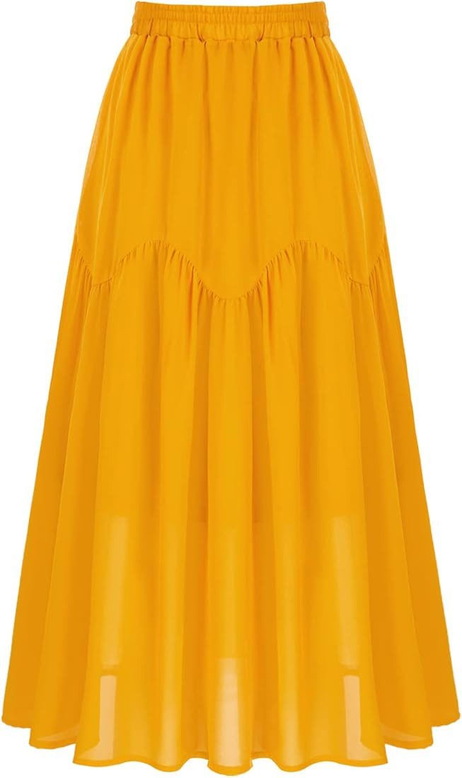 Belle Poque Women's Chiffon Flowy Skirt High Elastic Wasit Midi Tiered Skirt | Amazon (US)