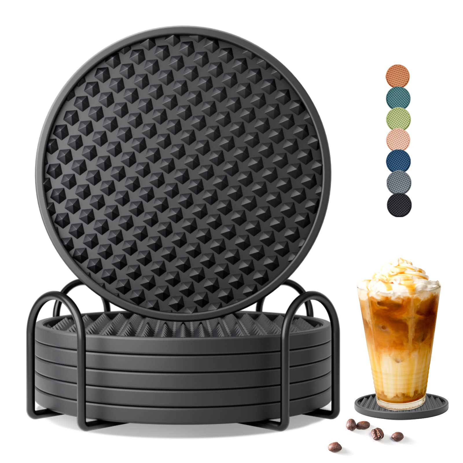 Drink Coasters Set of 6 with Holder, Silicone Coasters Tabletop Protection for Any Table Type, Wo... | Amazon (US)