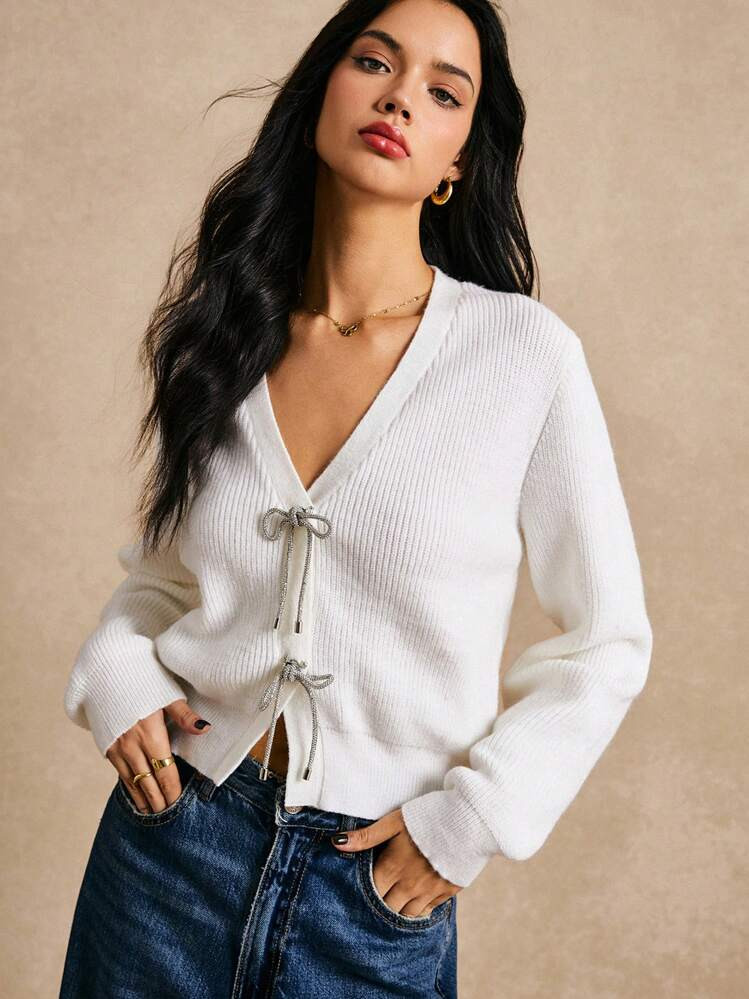 Poéselle Women's Solid Color V-Neck Casual Cardigan, Simple & Stylish For Daily Wear | SHEIN