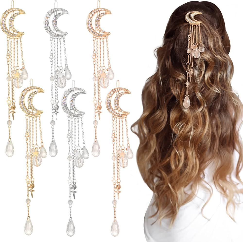6 Pcs Moon Crystal Rhinestone Beads Dangle Hairpin Moon Hair Accessories Moon Barrette Star Tasse... | Amazon (US)