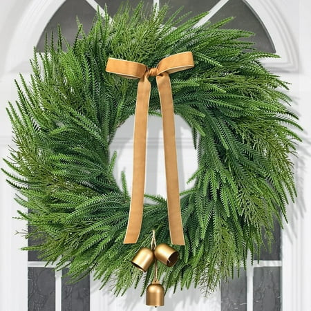 Waipfaru Norfolk Christmas Wreath for Front Door,26 inch Pre-lit Artificial Holiday Wreath with Bow & Bells, Battery Operated, Front Door Christmas Decorations Indoor Outdoor | Walmart (US)