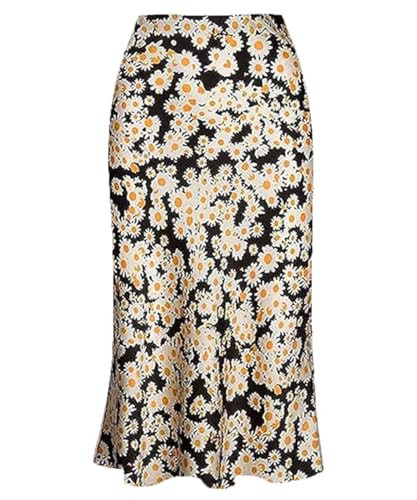 Womens Floral Midi Skirt High Waist Daisy Print Boho Flowers Skirts Holiday Vacation Casual Silk Satin Skirt(Floral-XS) | Amazon (US)