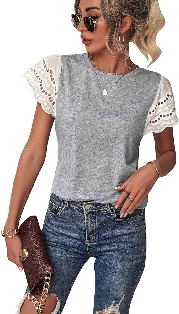 WDIRARA Women's Ruffle Cap Sleeve V Neck Top Blouse Casual Solid Shirts | Amazon (US)