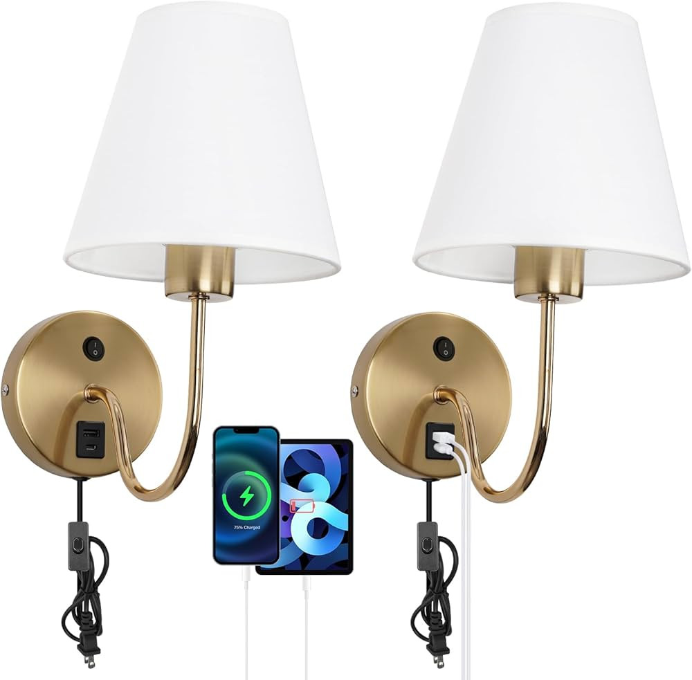 Frideko Plug in Wall Sconces Set of Two with USB A+C Charging Ports, USB Bedside Wall Lamp Set of... | Amazon (US)