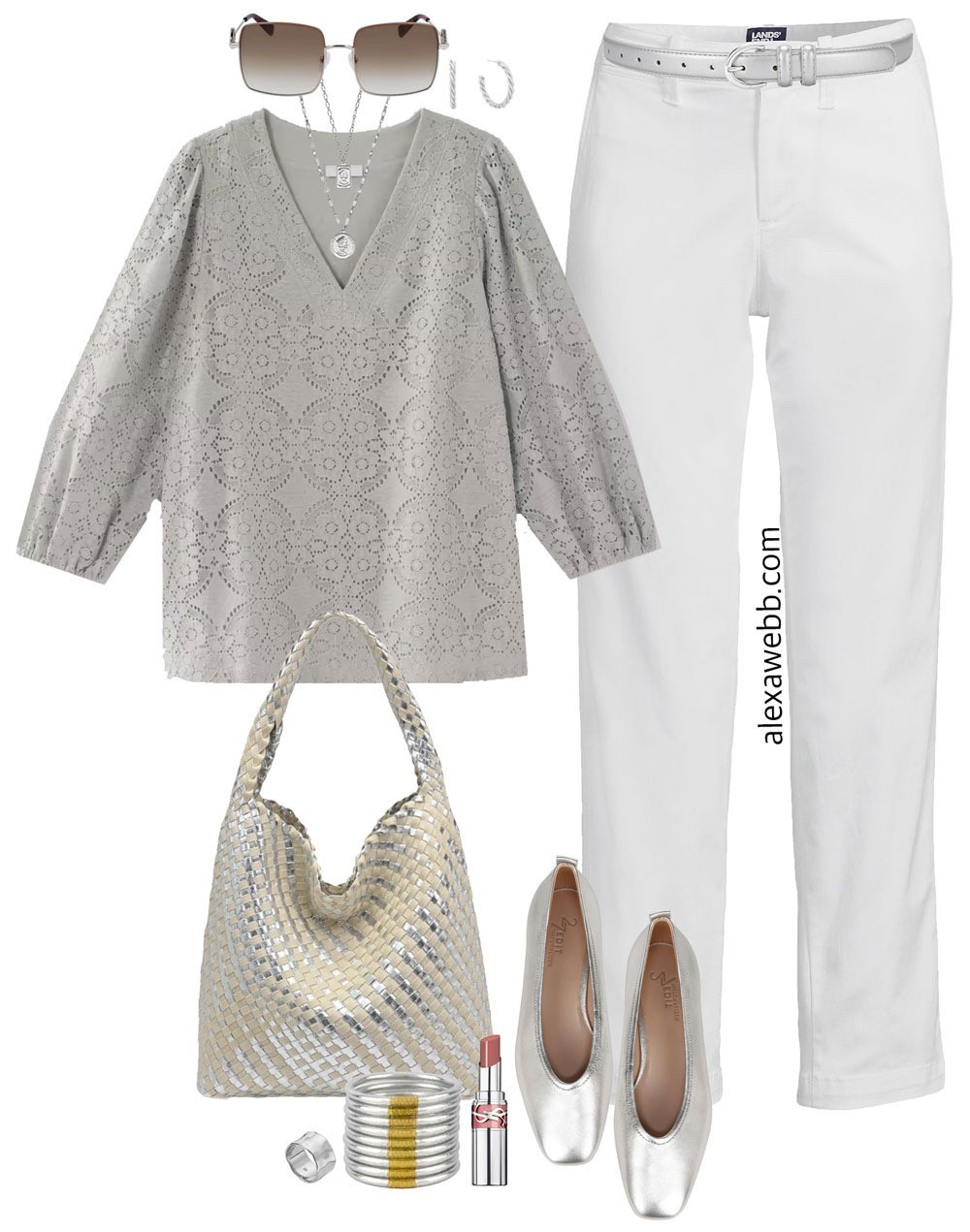 Plus Size Lace Top Outfits - A plus size business casual outfit idea with a plus size grey lace top and white chino pants. Add silver accessories and silver flats. Alexa Webb #plussize

#LTKOver40 #LTKStyleTip #LTKPlusSize