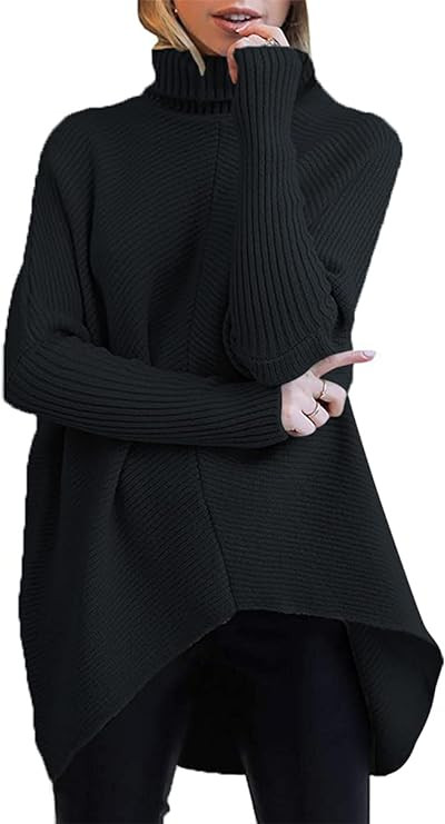 Caracilia Womens Turtleneck Long Sleeve Sweater Irregular Hem Casual Pullover Knit Tops | Amazon (US)