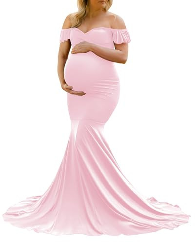 Saslax Off Shoulder Ruffle Sleeves Elegant Fitted Maxi Maternity Dress for Photoshoot Baby Shower Pink 69 XX-Large | Amazon (US)