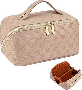 HUANLANG Travel Makeup Bag Large Capacity Travel Cosmetic Bag Waterproof PU Leather Makeup Organi... | Amazon (US)