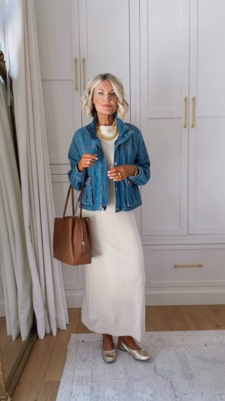 Can you believe this dress is Amazon? So good and so affordable! Perfect workwear outfit for an elevated layered moment! Wearing S in dress & XS in jacket! 

Loverly grey, teacher outfit ideas, affordable women’s fashion, sweater maxi dress, denim utility jacket how to style, neutral sweater maxi dress, capsule wardrobe

#LTKWorkwear #LTKSeasonal