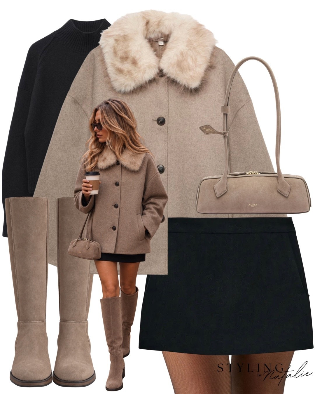 Faux fur trim short coat, black skort, taupe leather flat knee high boots, Alaia bag, black knit jumper. Fur collar, casual chic, autumn outfit,  neutral, fall outfit, date night, winter coat