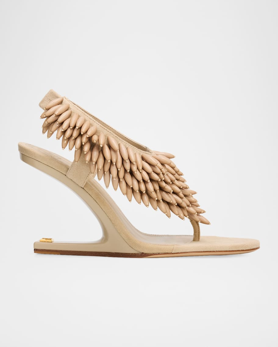 95mm No Wedge Beaded Suede Thong Sandals | Neiman Marcus