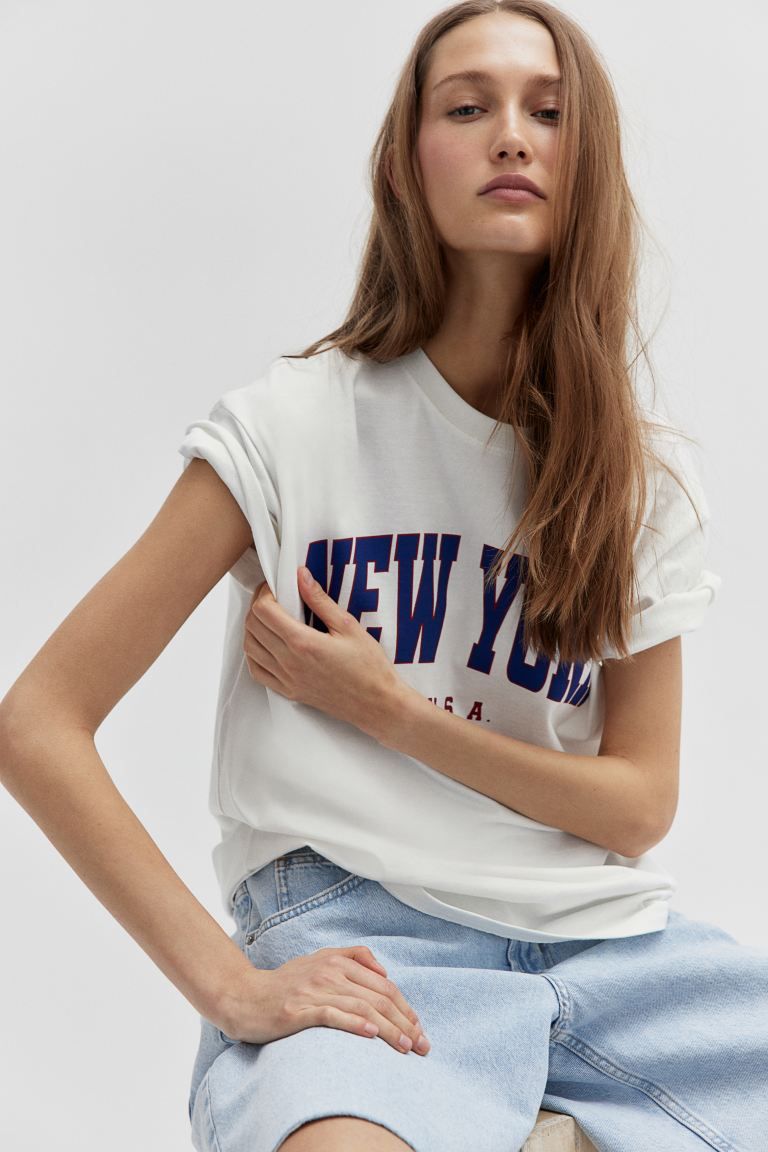 Printed T-shirt - Round Neck - Short sleeve - White/New York - Ladies | H&M US | H&M (US + CA)