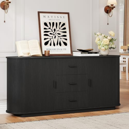 ONBRILL 63" Fluted Sideboard Buffet Cabinet with 3 Drawers & 2 Doors, Mid-Century Modern Buffet Sideboard Cabinet with Storage, Coffee Bar Table with Adjustable Shelf for Kitchen, Living Room, Black | Amazon (US)