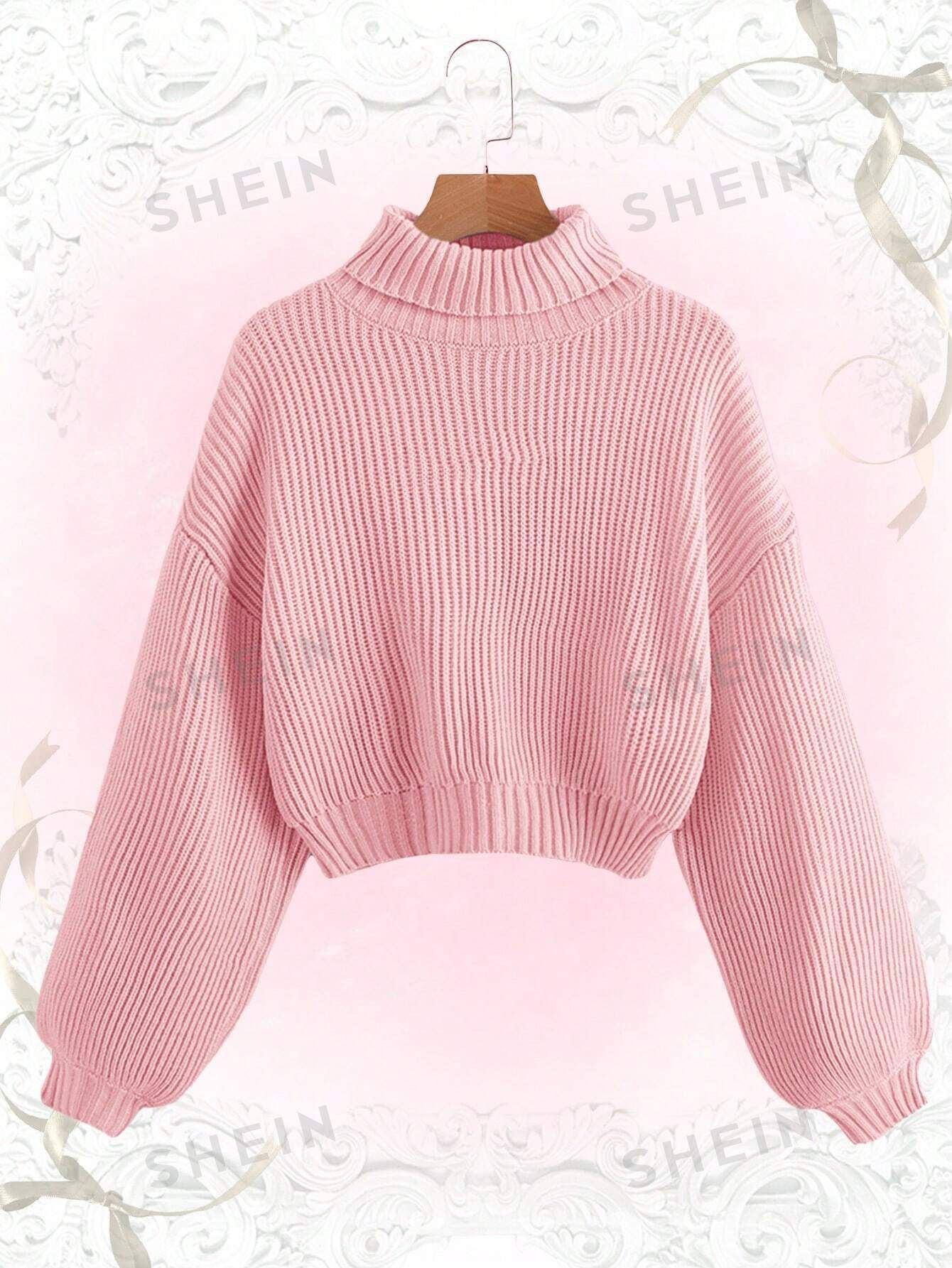 ROMWE Kawaii Solid Color High Neck Drop Shoulder Sweater | SHEIN