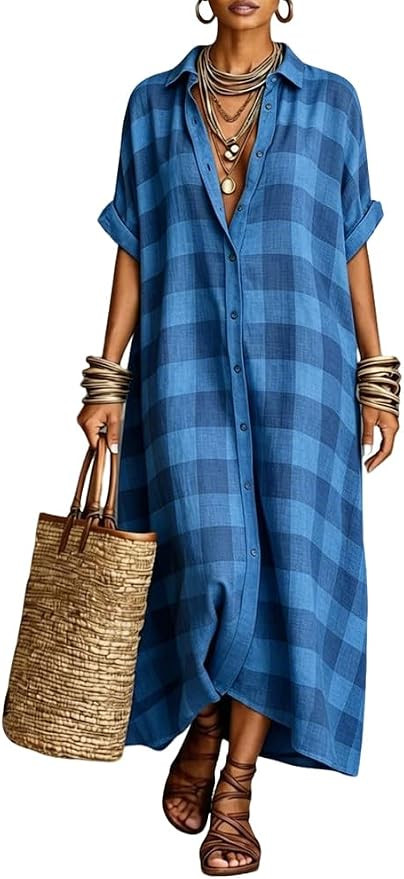 Women's Cotton Linen Maxi Shirt Dress Short Sleeve Button Down Casual Loose Summer Gingham Beach ... | Amazon (US)