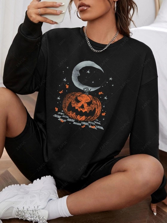 Halloween Pumpkin Moon Print Pullover Sweatshirt   BLACK | ZAFUL (Global)