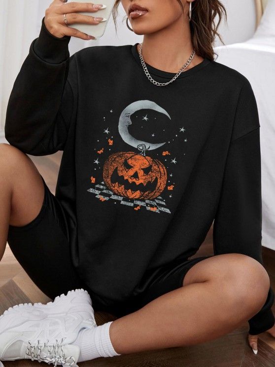 Halloween Pumpkin Moon Print Pullover Sweatshirt   BLACK | ZAFUL (Global)