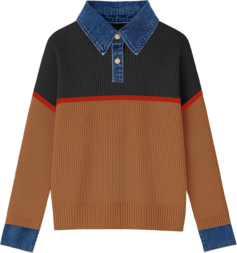 Women’s Sweaters Long Sleeve Denim Lapel V Neck Buttons Closure Pullover Tops Casual Winter Pol... | Amazon (US)