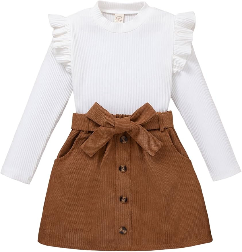 Floerns Girls 2 Piece Outfit Ruffle Trim Long Sleeve T Shirt and Short Skirt Set | Amazon (US)