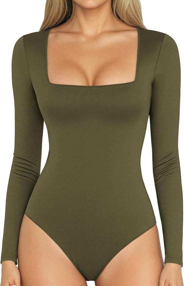 MANGOPOP Square Neck Short Sleeve Long Sleeve Bodysuit Sexy Body Suits | Amazon (US)