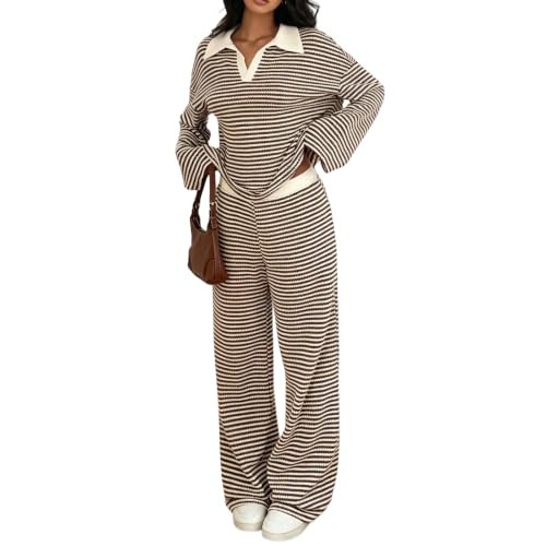 SamLng Sets For Women Conjuntos De 2 Piezas Para Mujer Two Piece Outfits Lounge Sets For Women Stripes Long Sleeve Blouse And Wide Leg Pant Casual 2 Piece Fall Vacation Travel Outfits (Brown,L) | Amazon (US)