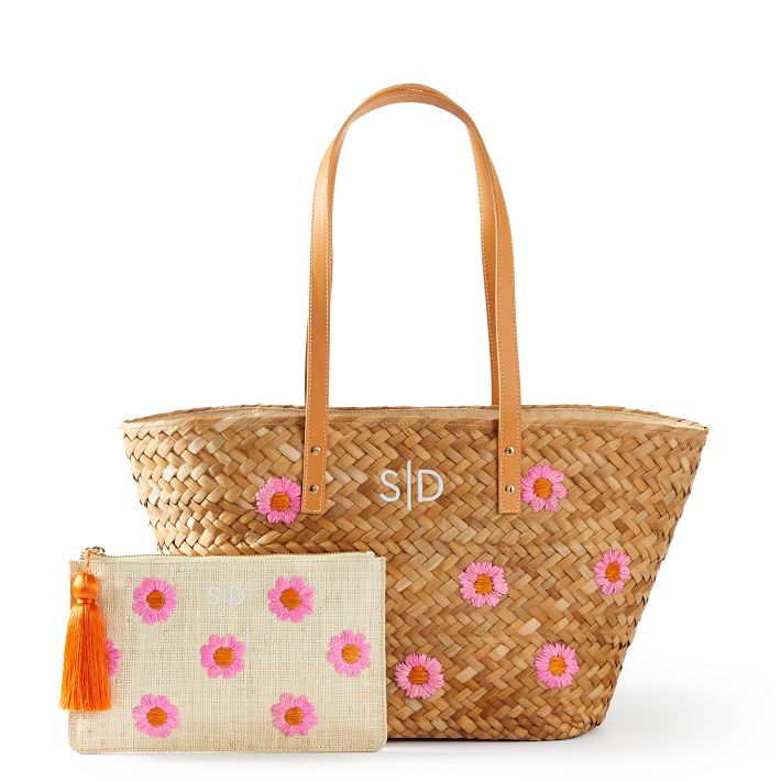 Embroidered Palm Leaf Tote and Raffia Pouch Set | Mark and Graham