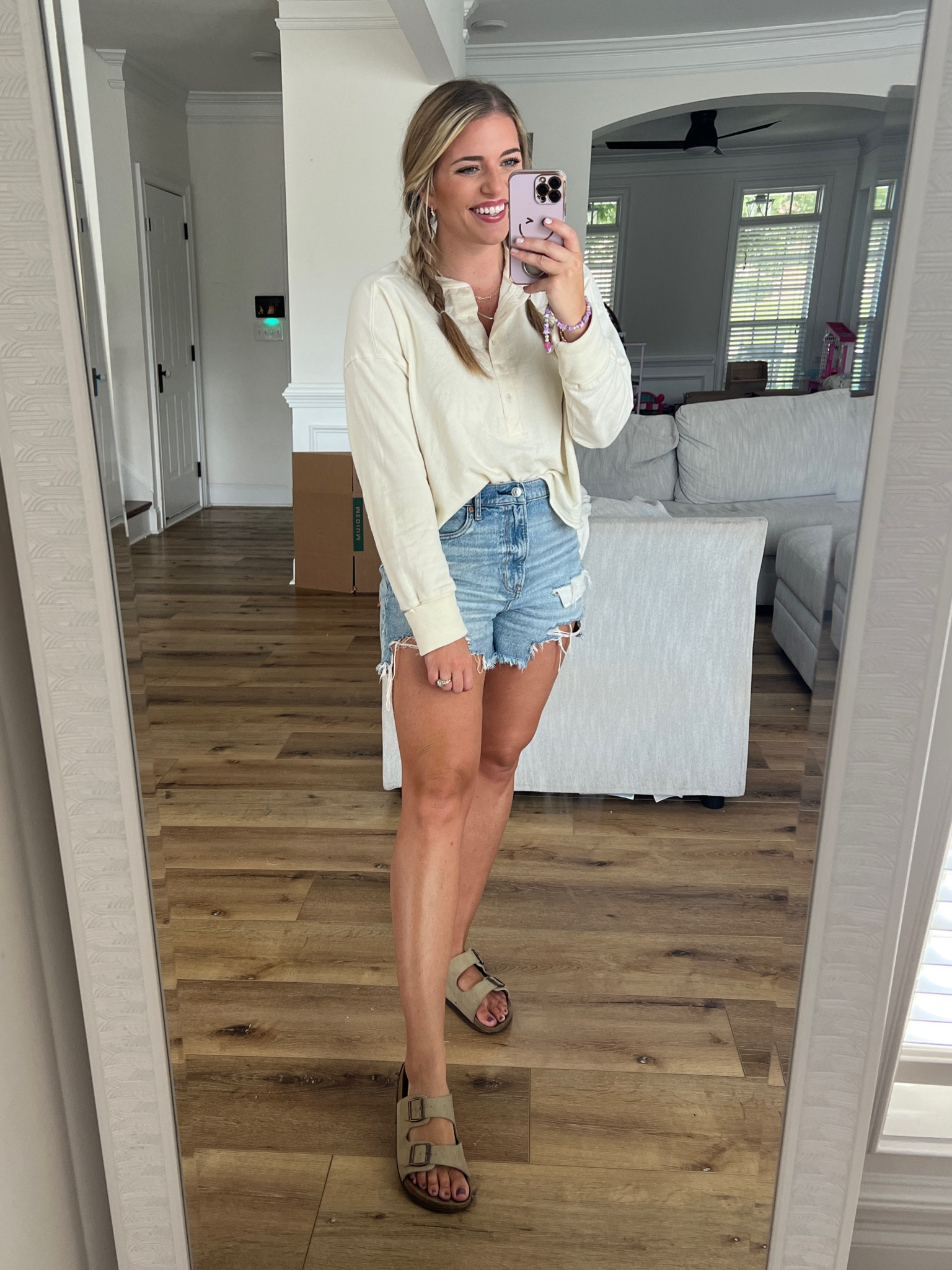 OOTD! Shirt is so cute and comfy. Tts - M. Slightly oversized fit. Only $25! Denim Shorts sized up 1 to 10 for comfy fit! Sandals tts 

#LTKsalealert #LTKstyletip #LTKunder50
